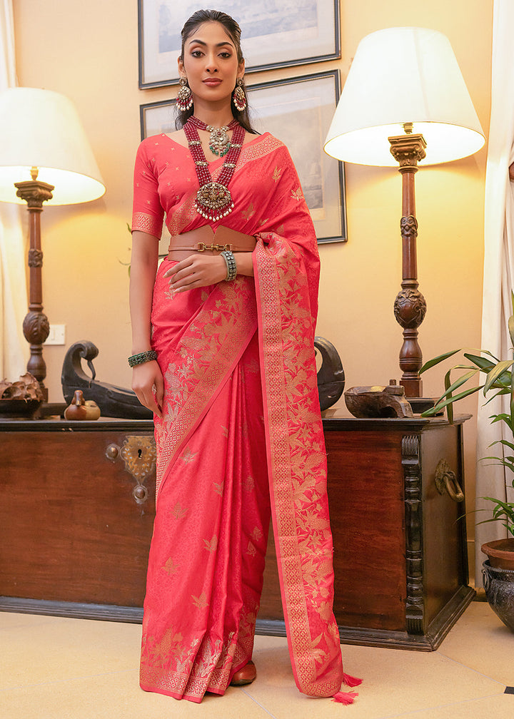 Brick Pink Woven Satin Silk Saree