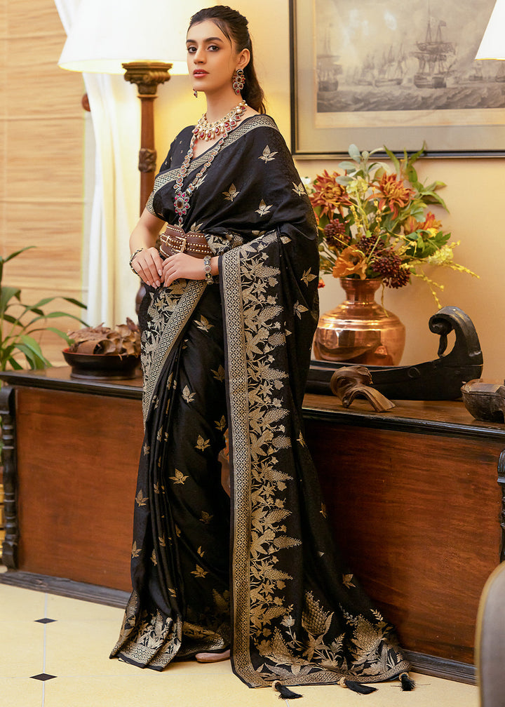 Onyx Black Woven Satin Silk Saree