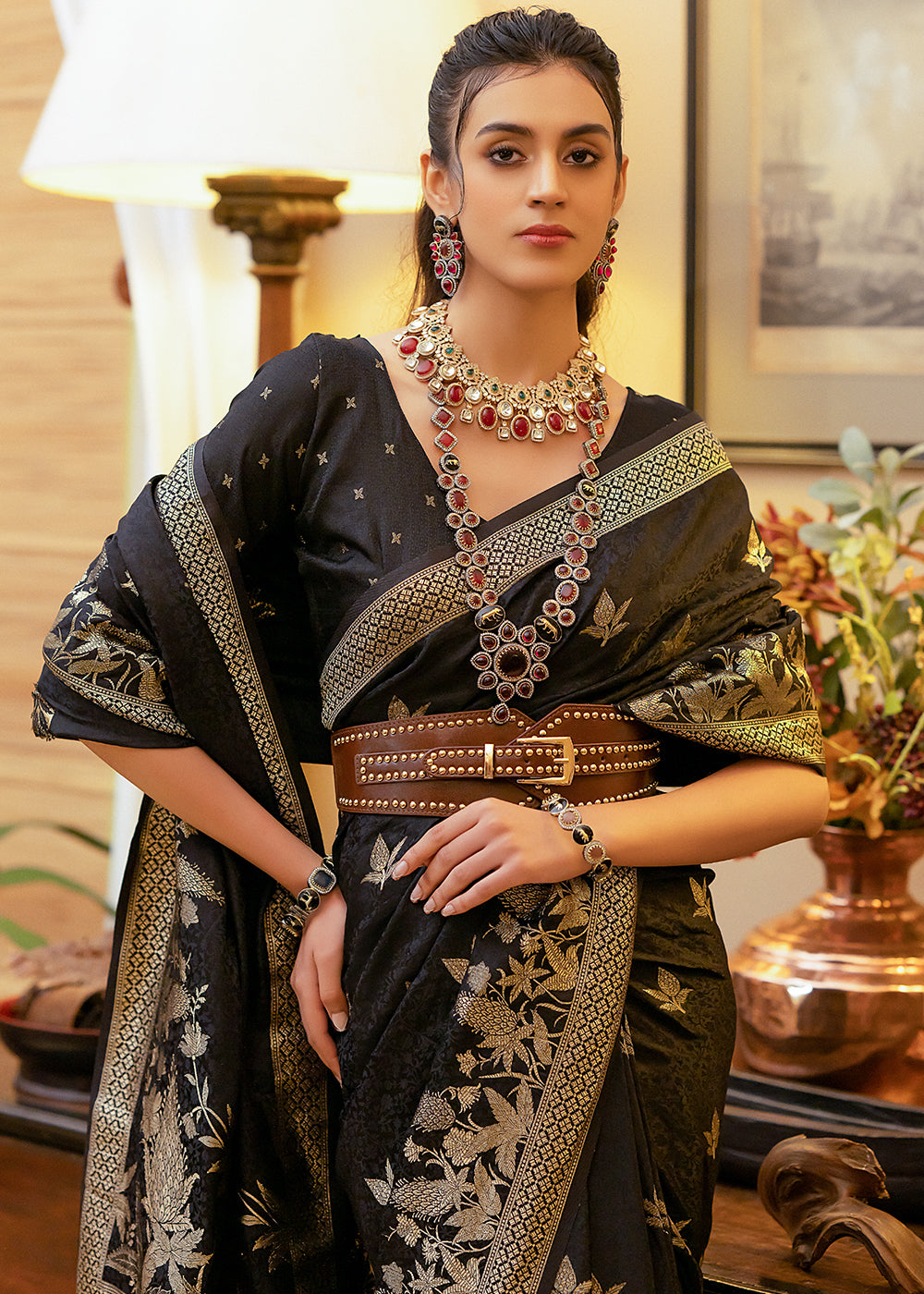 Onyx Black Woven Satin Silk Saree