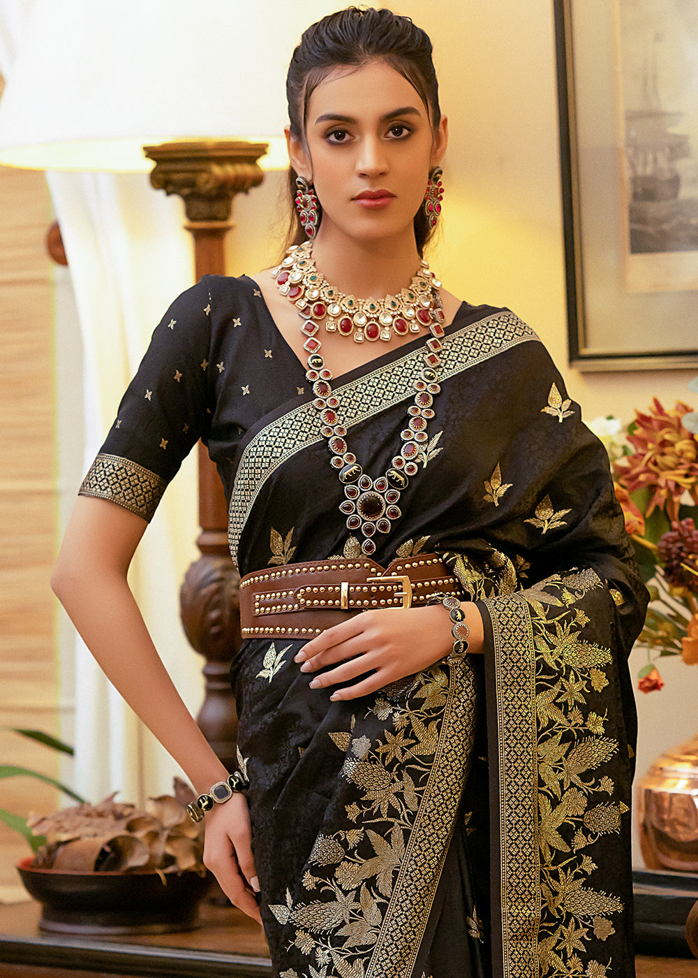 Onyx Black Woven Satin Silk Saree