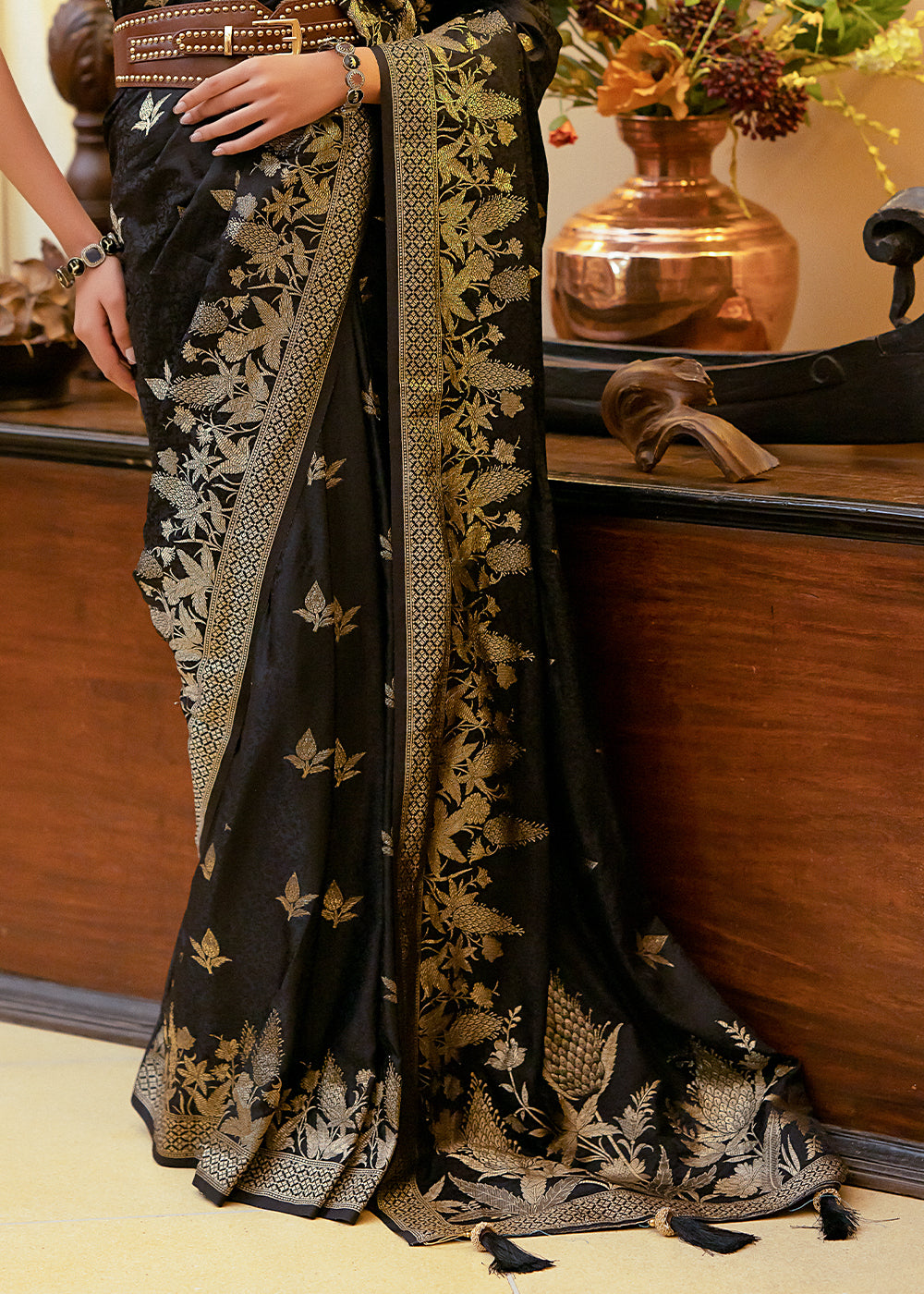 Onyx Black Woven Satin Silk Saree