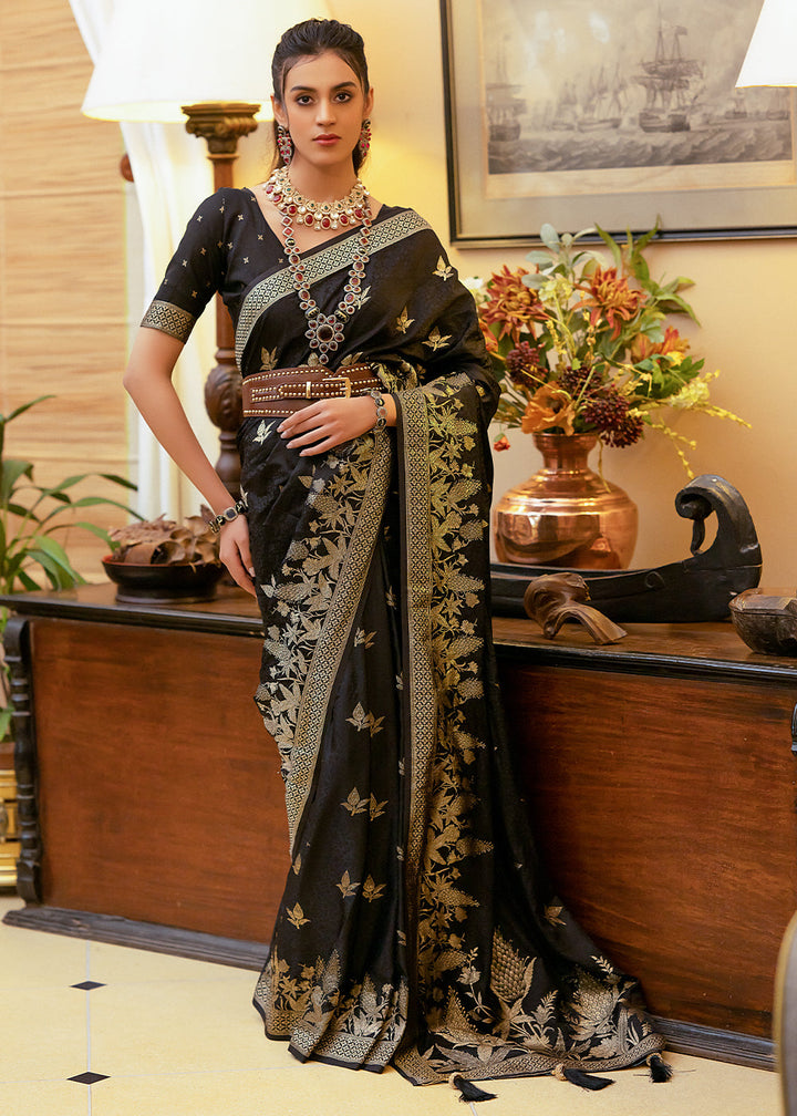 Onyx Black Woven Satin Silk Saree