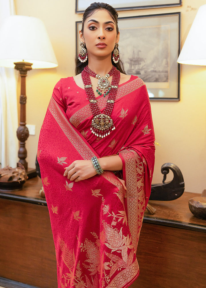 Reddish Pink Woven Satin Silk Saree