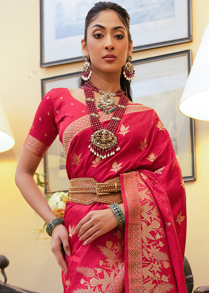 Reddish Pink Woven Satin Silk Saree