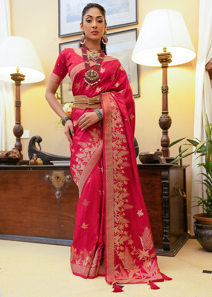 Reddish Pink Woven Satin Silk Saree