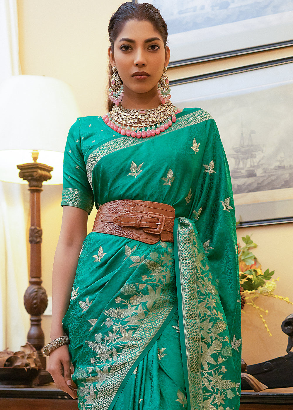 Jade Green Woven Satin Silk Saree