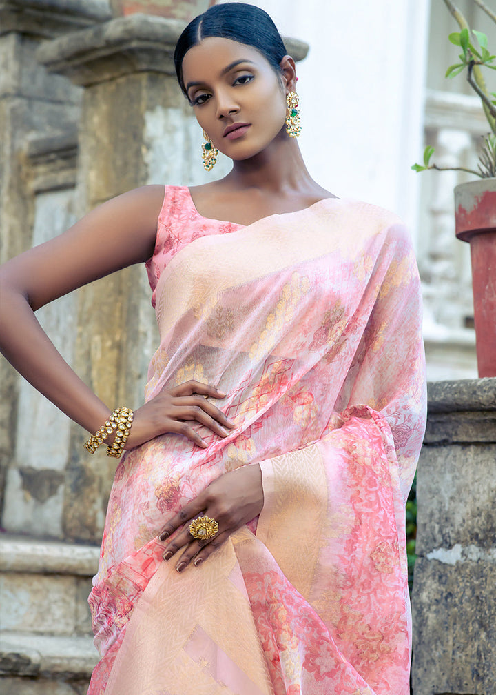 Shades Of Pink Floral Printed Silk Saree