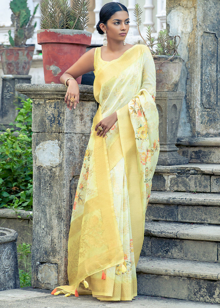 Shades Of Yellow Floral Printed Silk Saree