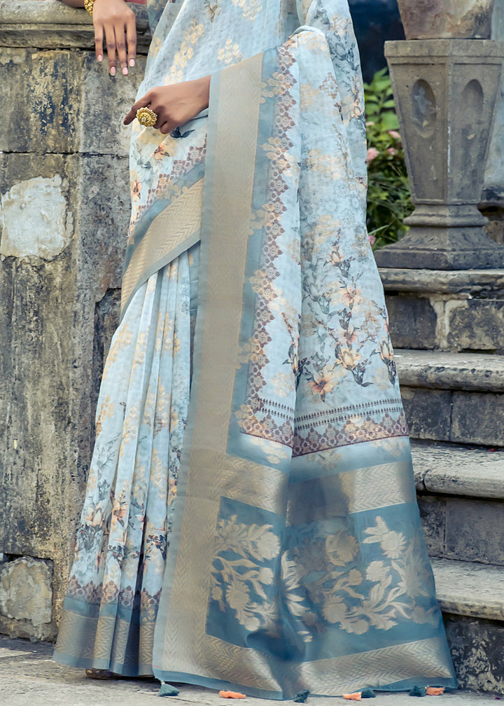 Shades Of Blue Floral Printed Silk Saree