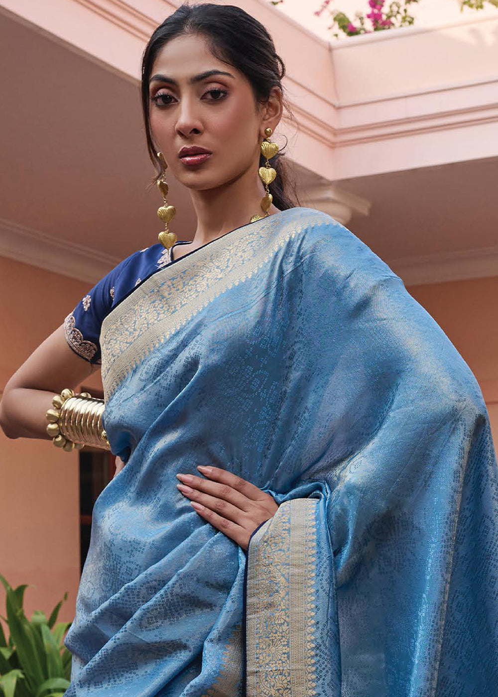 Dodger Blue Woven Viscose Tissue Saree