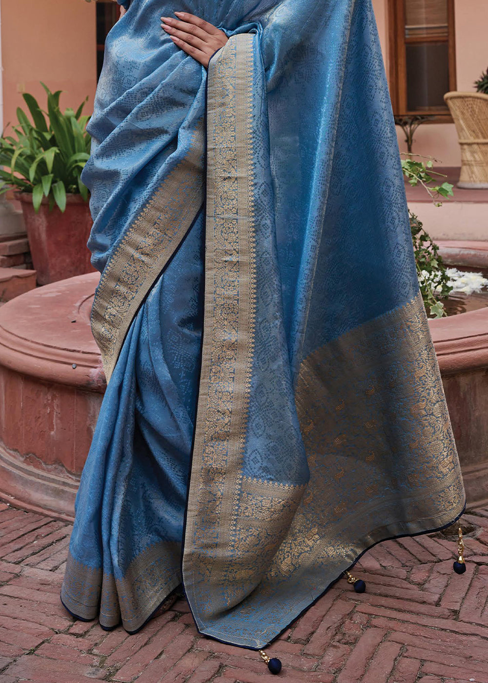 Dodger Blue Woven Viscose Tissue Saree