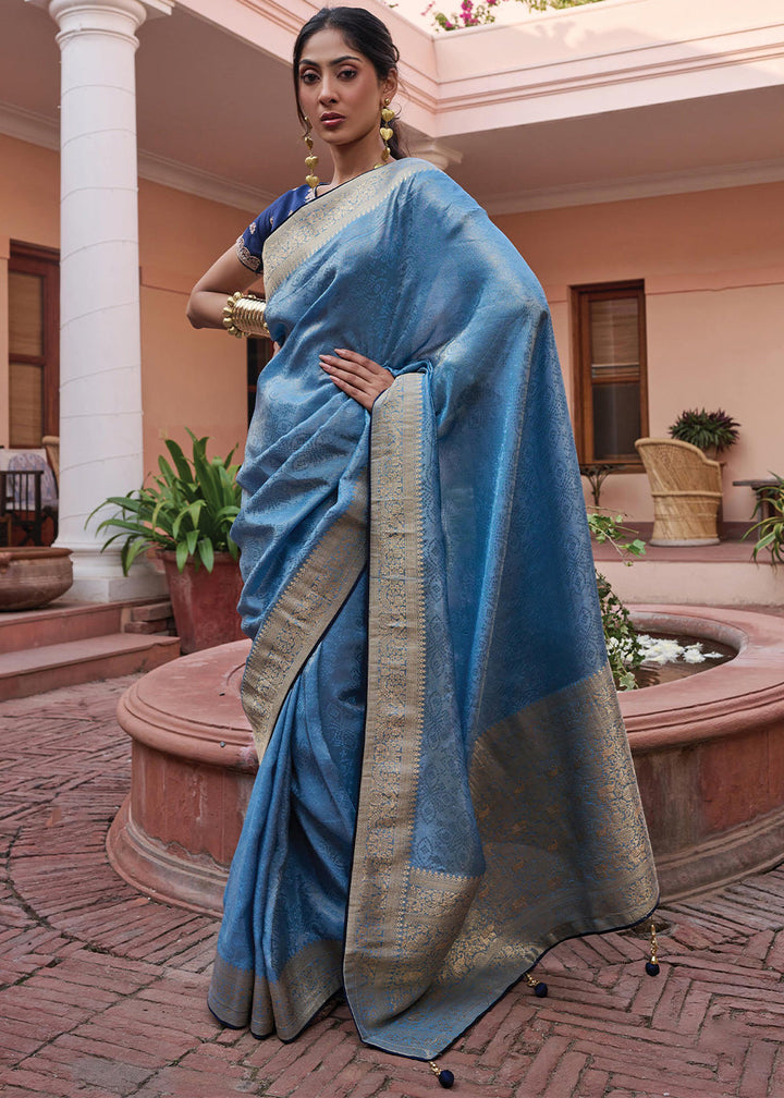 Dodger Blue Woven Viscose Tissue Saree