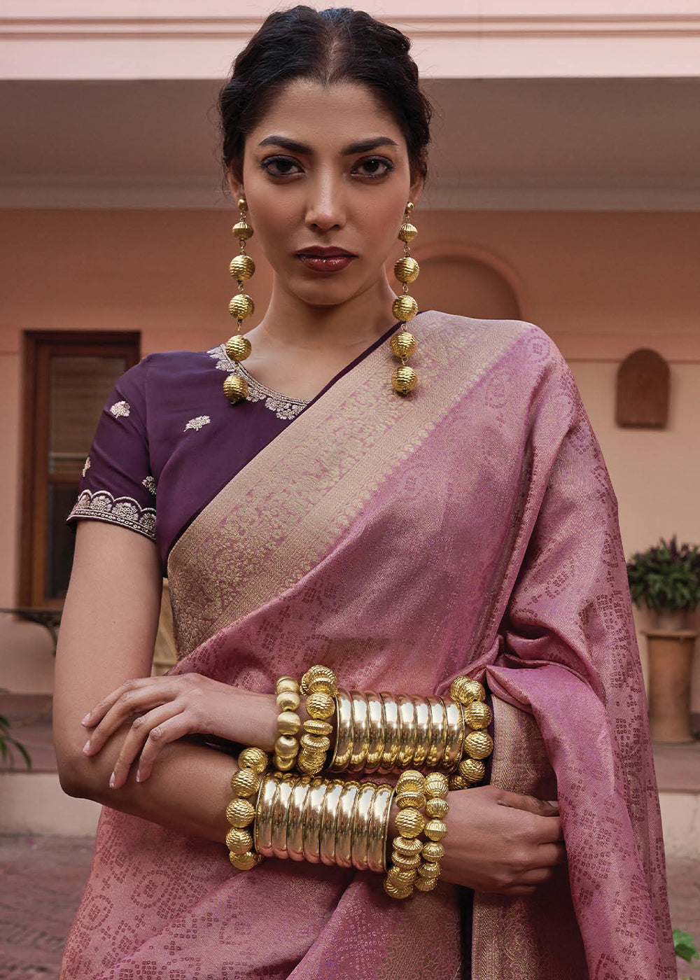 Brink Pink Woven Viscose Tissue Saree