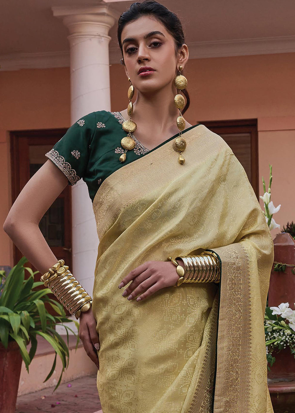 Crayola Lemon Yellow Woven Viscose Tissue Saree