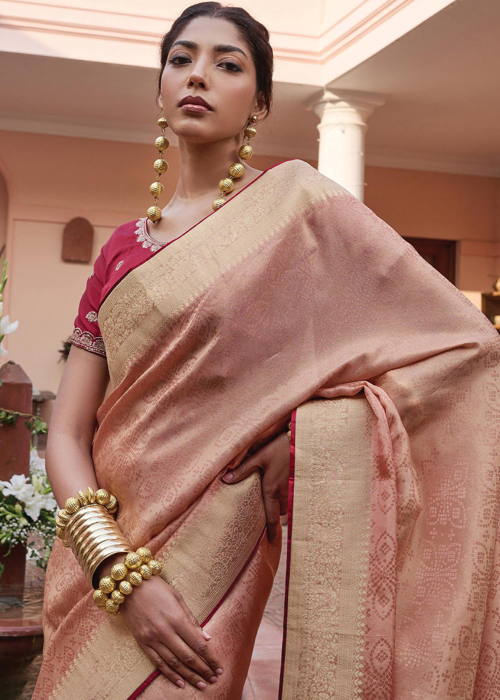 Light Peach Pink Woven Viscose Tissue Saree