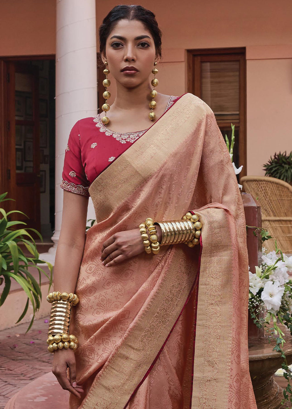 Light Peach Pink Woven Viscose Tissue Saree