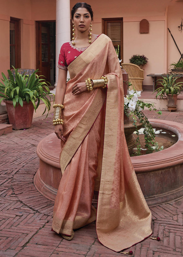 Light Peach Pink Woven Viscose Tissue Saree