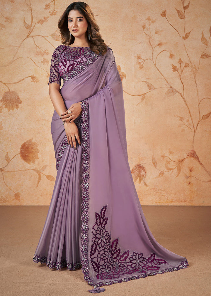 Amethyst Purple Satin Silk Saree having Sequence & Cord Embridered with Stone work