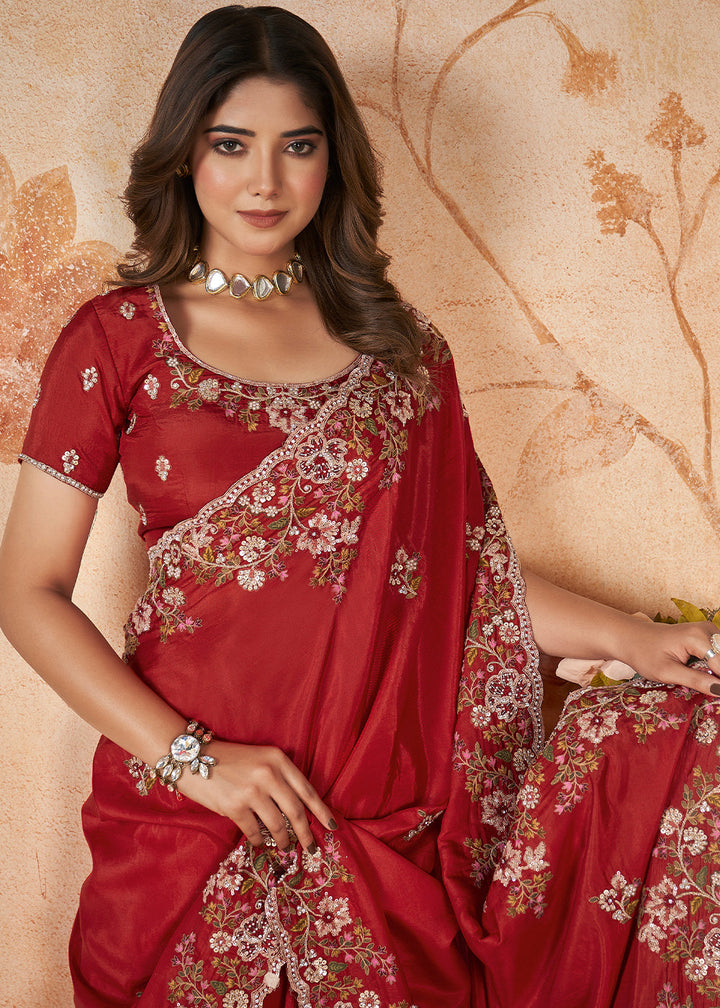 Crimson Red Silk Saree having Sequence & Cord Embridered with Stone work