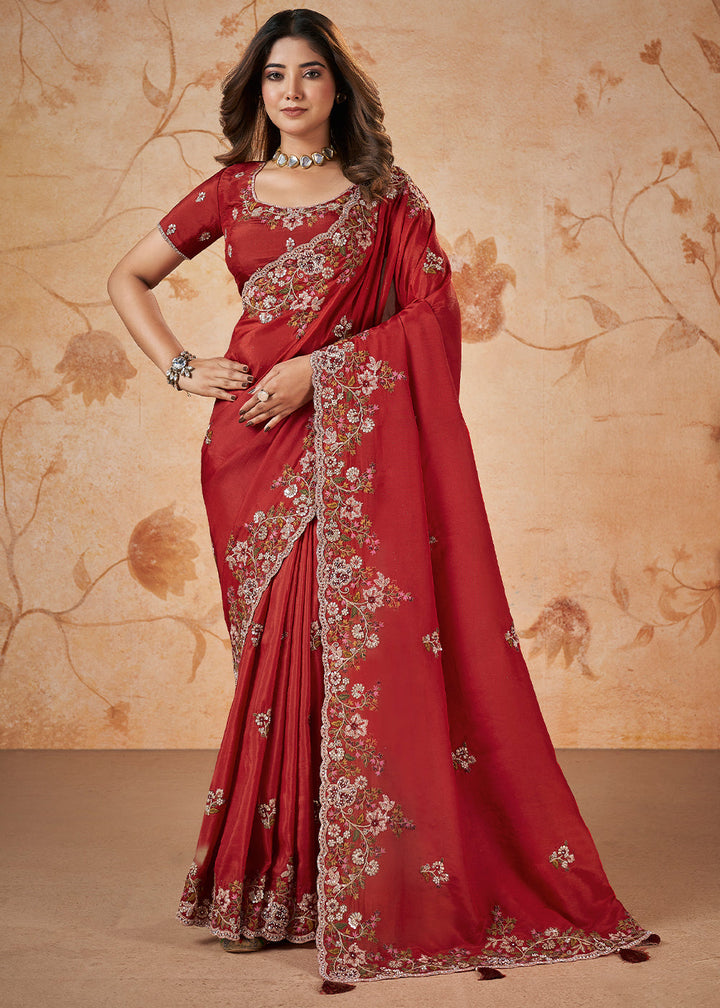 Crimson Red Silk Saree having Sequence & Cord Embridered with Stone work