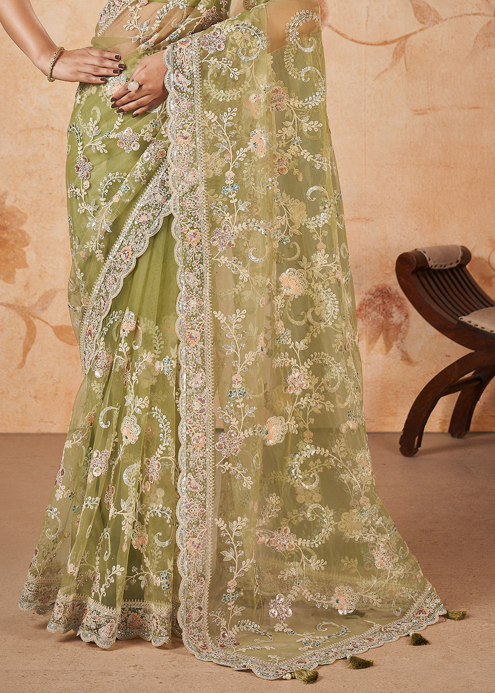 Light Olive Green Net Saree having Sequence & Cord Embridered work