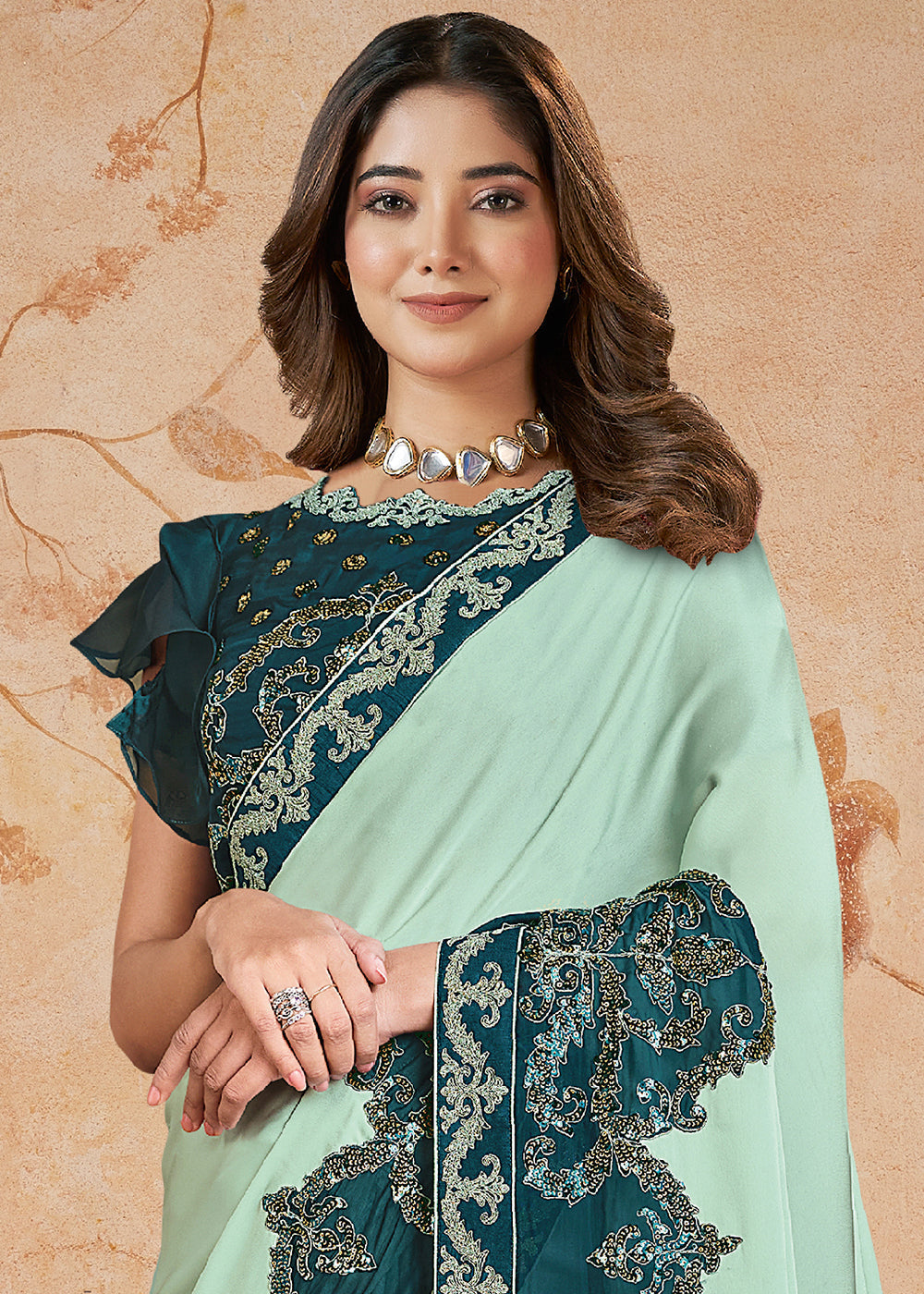 Shades Of Green Georgette Silk Saree having Sequence & Cord Embroiderey & Applique work