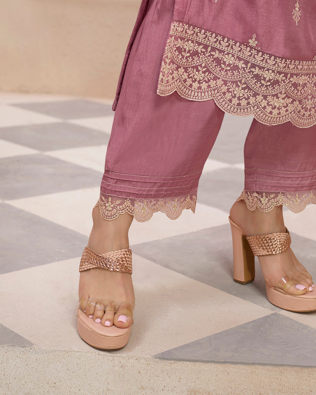 Dusty Rose Pink Dola Silk Kurta. Paired with Straight Pants and Chinon Lehariya Print Dupatta