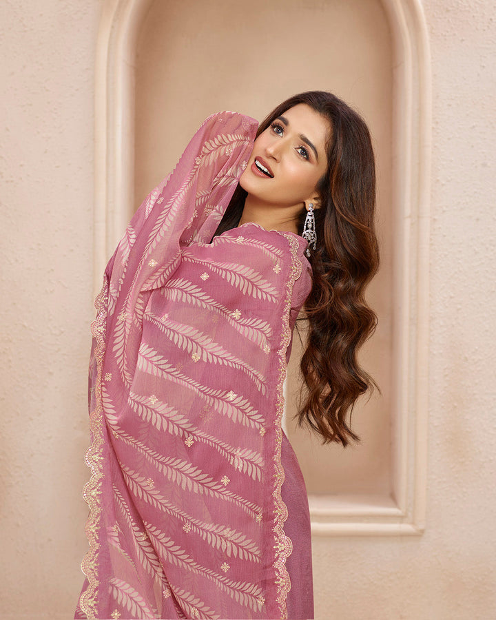 Dusty Rose Pink Dola Silk Kurta. Paired with Straight Pants and Chinon Lehariya Print Dupatta