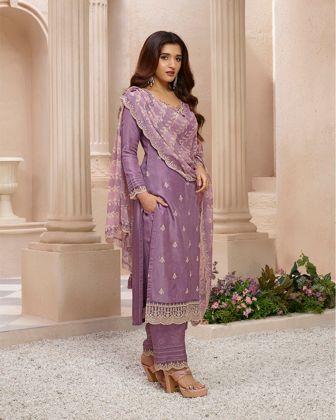 Dusty Lavendar Purple Dola Silk Kurta . Paired with Straight Pants and Chinon Lehariya Print Dupatta