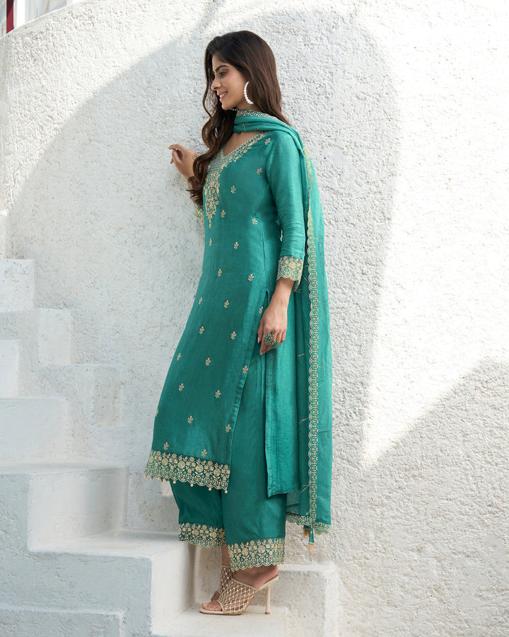 EEmbrace Green Dola Silk Kurta. Paired with Santoon Straight Pants and Organza Dupatta