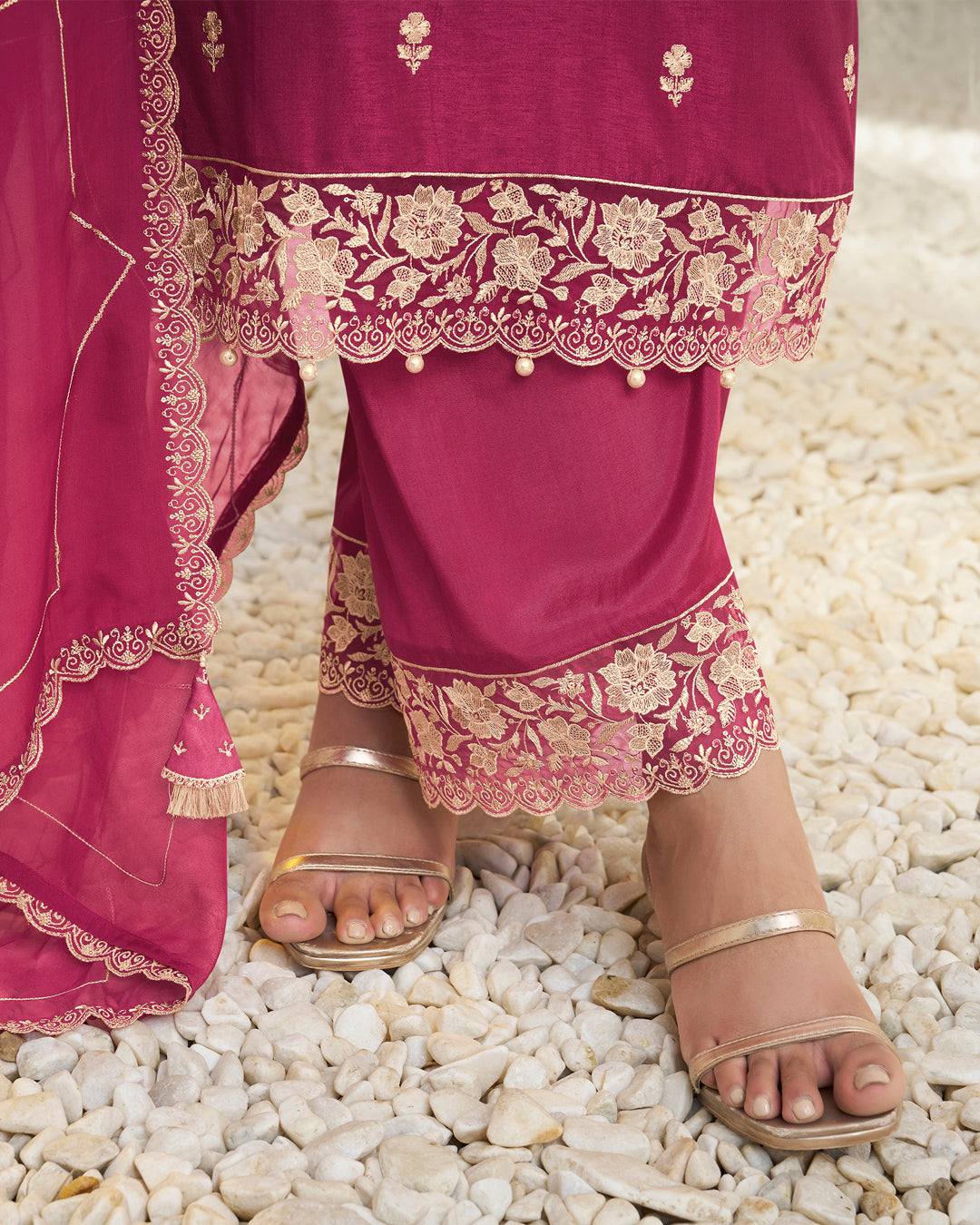 Cherry Pink Dola Silk Kurta. Paired with Santoon Straight Pants and Organza Dupatta