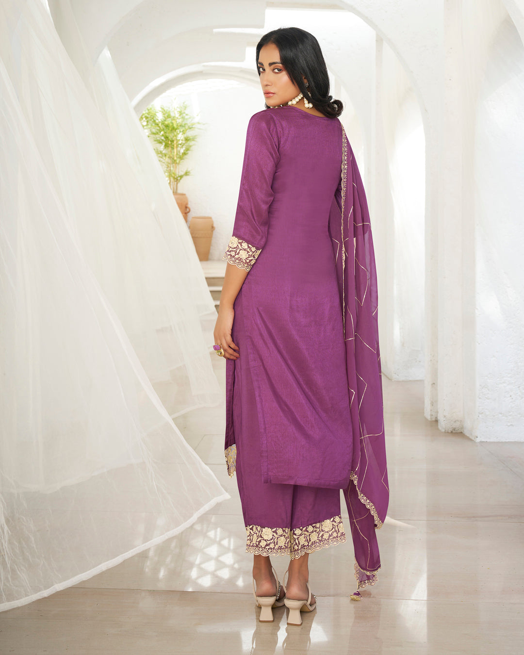 Plum Purple Dola Silk Kurta. Paired with Santoon Straight Pants and Organza Dupatta