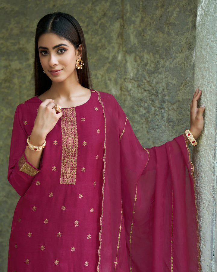 Light Wine Purple Dola Silk Kurta . Paired with Santoon Straight Pants and Organza Dupatta