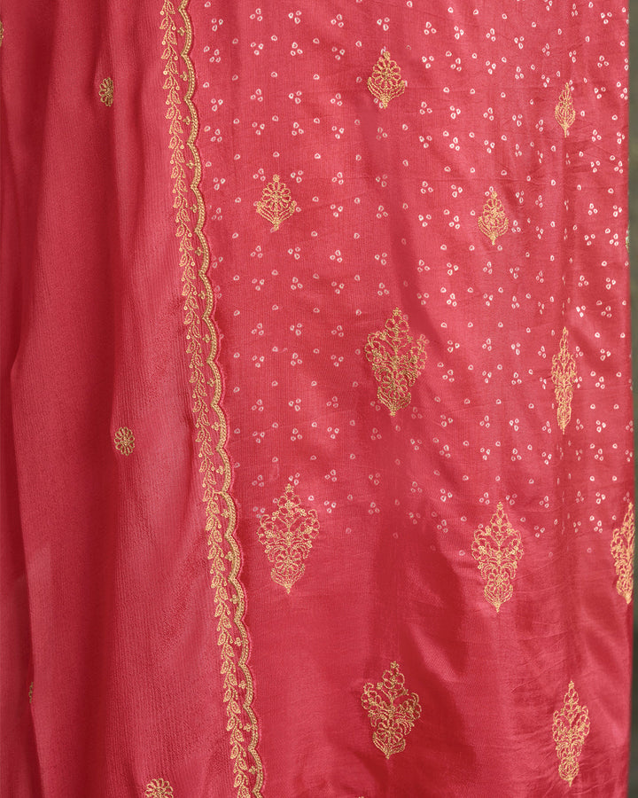 Salsa Red Dola Silk Kurta with Bandhni Print & Zari Work. Paired with Santoon Straight Pants and Chinon Dupatta