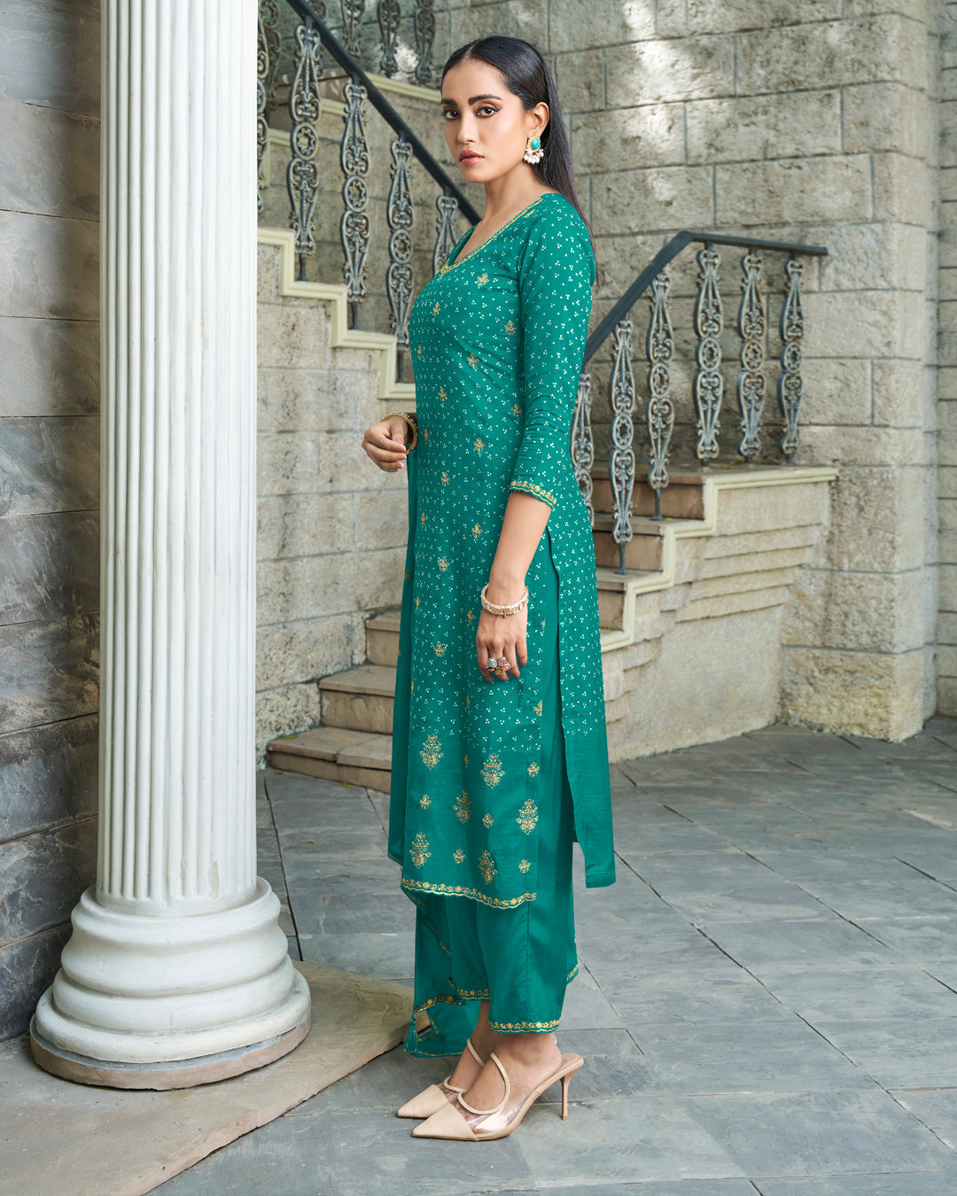 Sea Green Dola Silk Kurta with Bandhni Print & Zari Work. Paired with Santoon Straight Pants and Chinon Dupatta