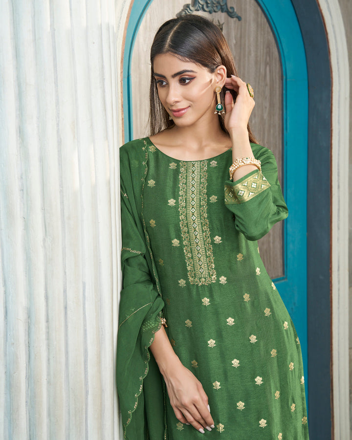 Sap Green Dola Silk Kurta paired with Santoon Straight Pants and Organza Dupatta