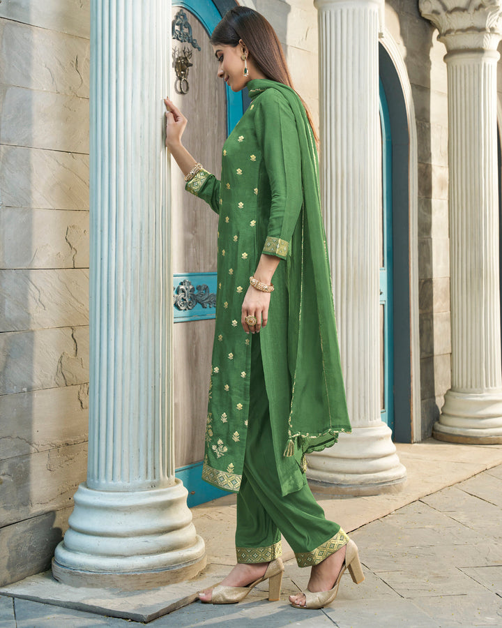 Sap Green Dola Silk Kurta paired with Santoon Straight Pants and Organza Dupatta