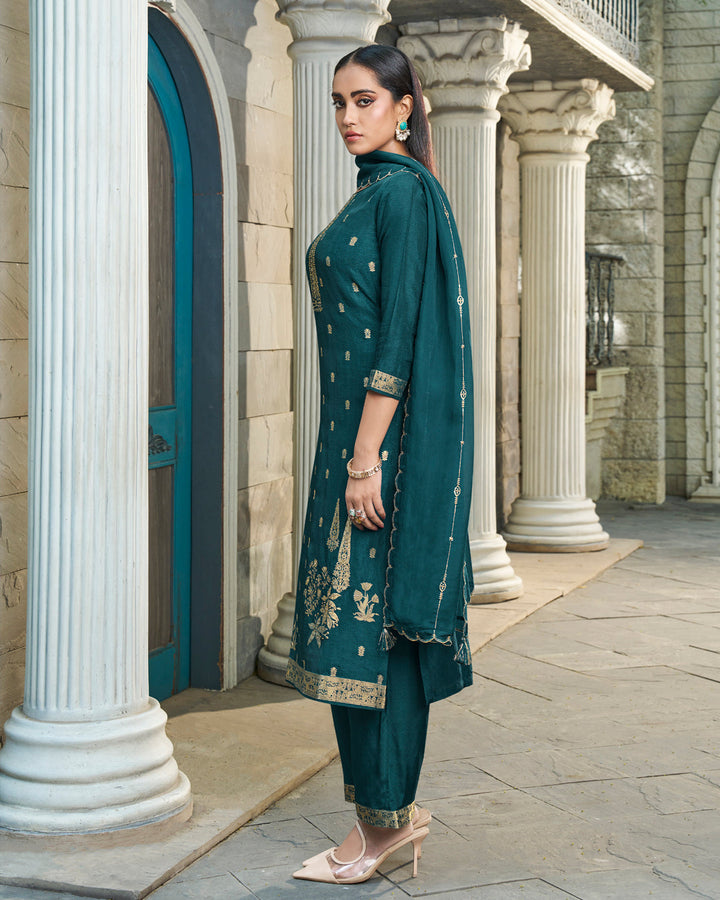 Dark Teal Green Dola Silk Kurta. Paired with Santoon Straight Pants and Organza Dupatta