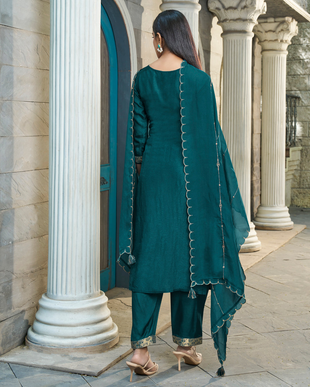 Dark Teal Green Dola Silk Kurta. Paired with Santoon Straight Pants and Organza Dupatta