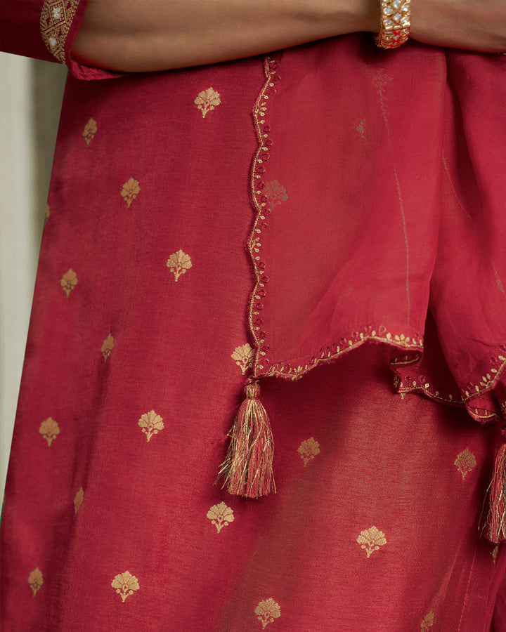 Scarlet Red Rose Dola Silk Kurta . Paired with Santoon Straight Pants and Organza Dupatta