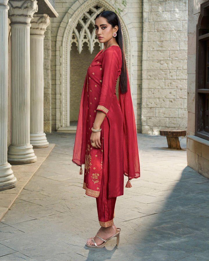 Scarlet Red Rose Dola Silk Kurta . Paired with Santoon Straight Pants and Organza Dupatta