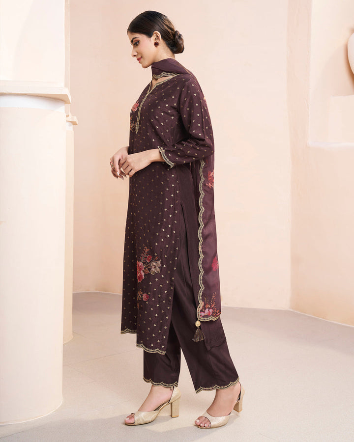 Seal Brown Dola Silk Kurta . Paired with Santoon Straight Pants and Organza Scalloped Dupatta