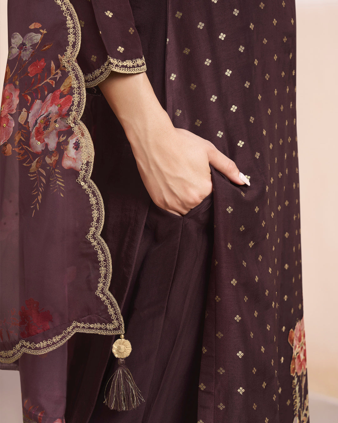 Seal Brown Dola Silk Kurta . Paired with Santoon Straight Pants and Organza Scalloped Dupatta