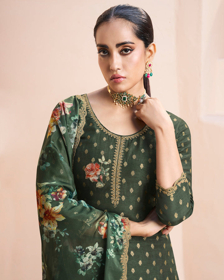 Dark Olive Green Dola Silk Kurta. Paired with Santoon Straight Pants and Organza Scalloped Dupatta