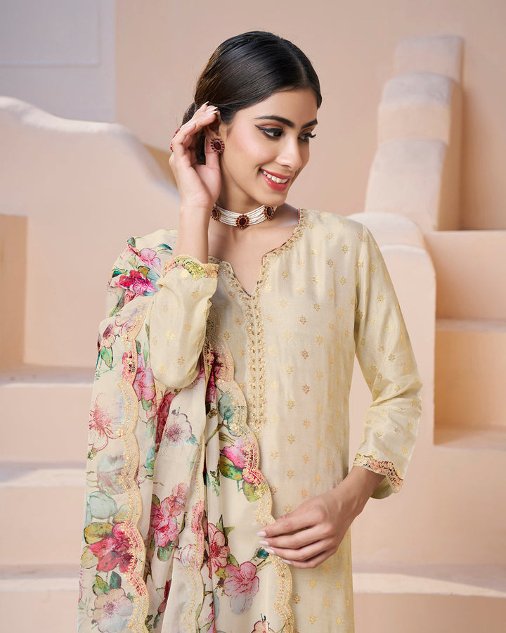 Cream Dola Silk Kurta. Paired with Santoon Straight Pants and Organza Scalloped Dupatta