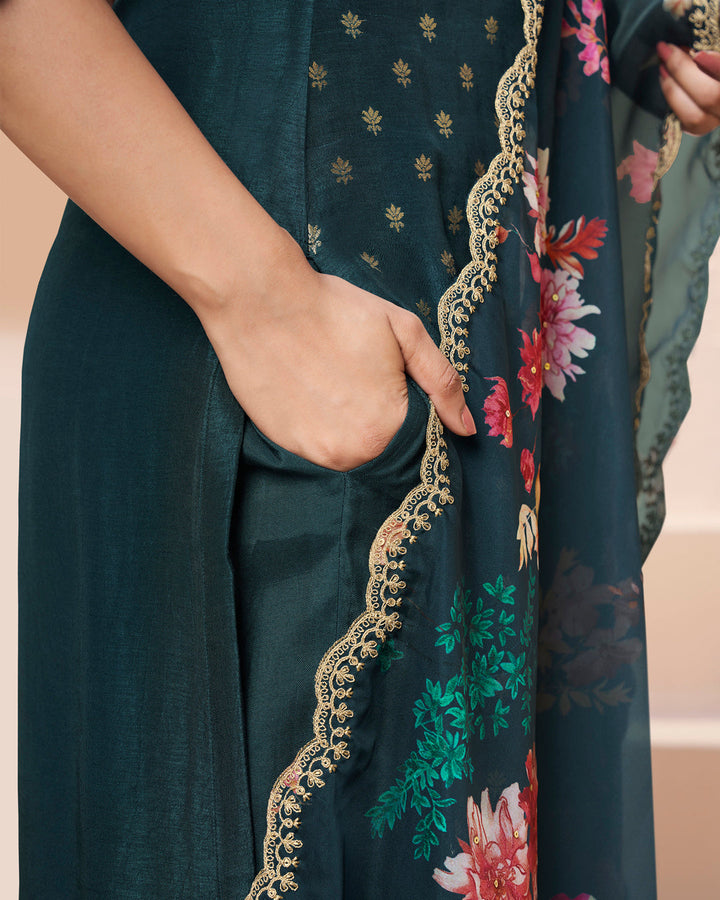 Dark Teal Blue Dola Silk Kurta. Paired with Santoon Straight Pants and Organza Scalloped Dupatta