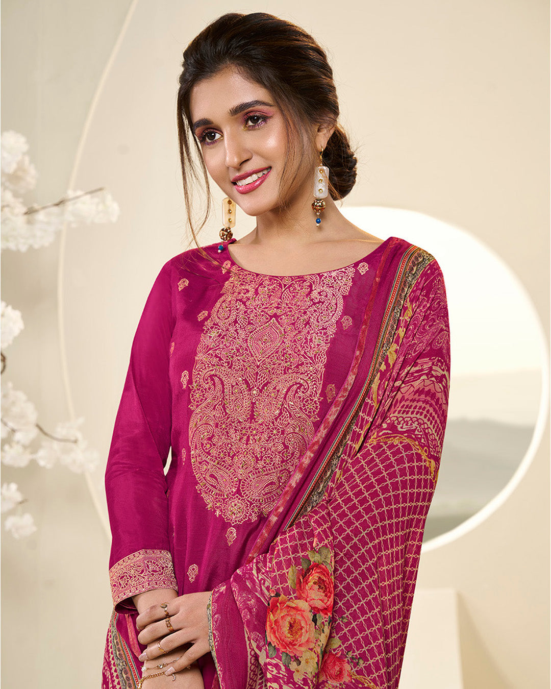 Magenta Pink Muslin Jacquard Kurta . Paired with Santoon Straight pants and Muslin Jacquard Abstract Digital Print Dupatta