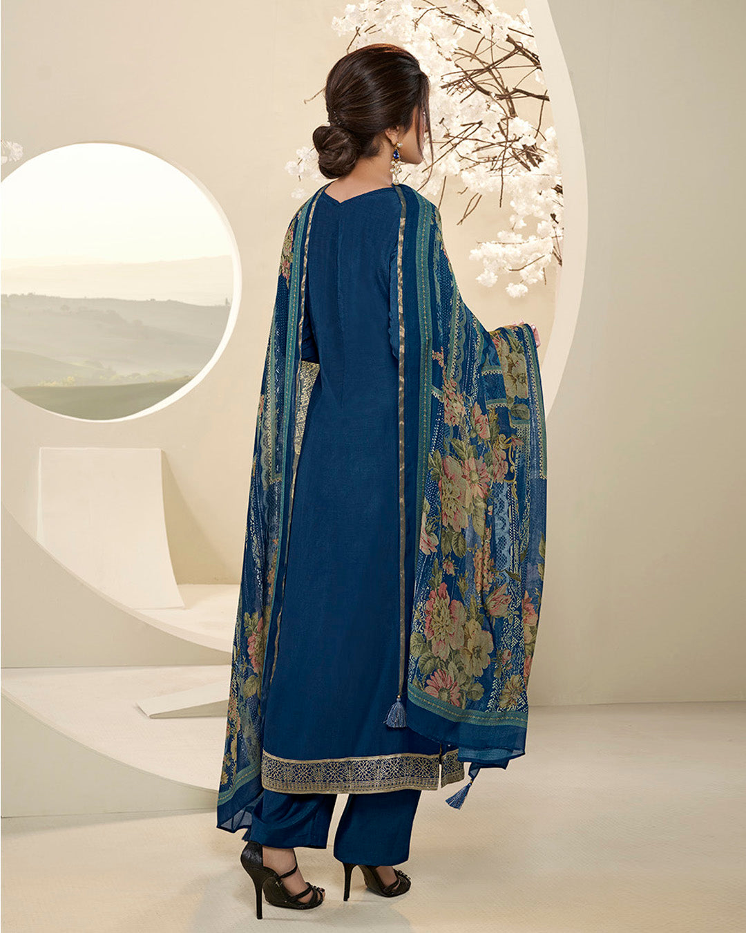 Royal Blue Muslin Jacquard Kurta. Paired with Santoon Straight pants and Muslin Jacquard Abstract Digital Print Dupatta