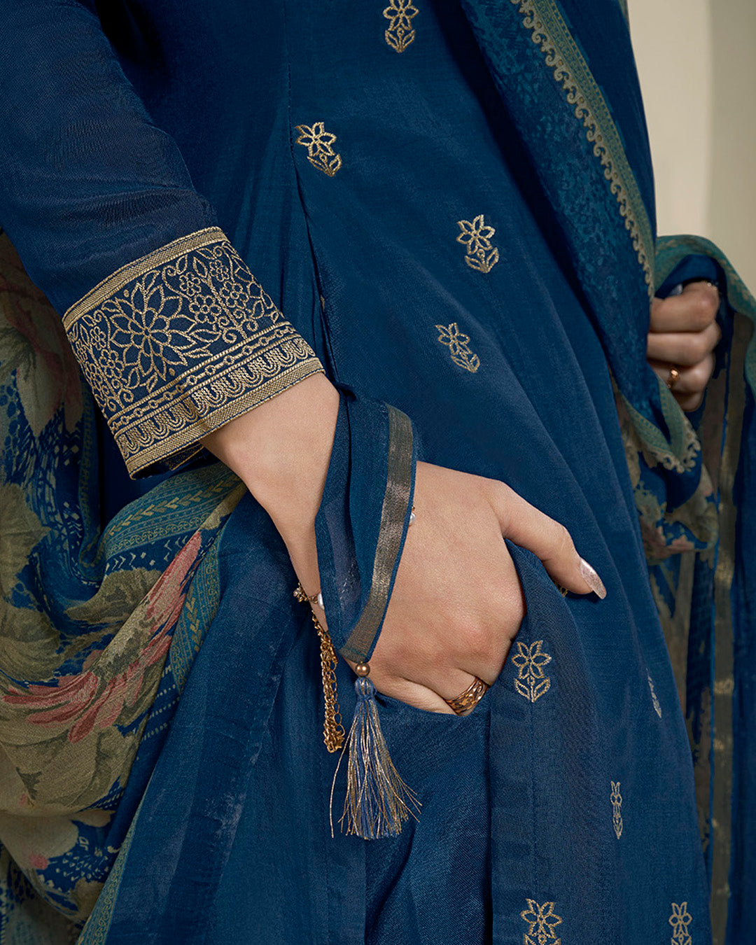 Royal Blue Muslin Jacquard Kurta. Paired with Santoon Straight pants and Muslin Jacquard Abstract Digital Print Dupatta