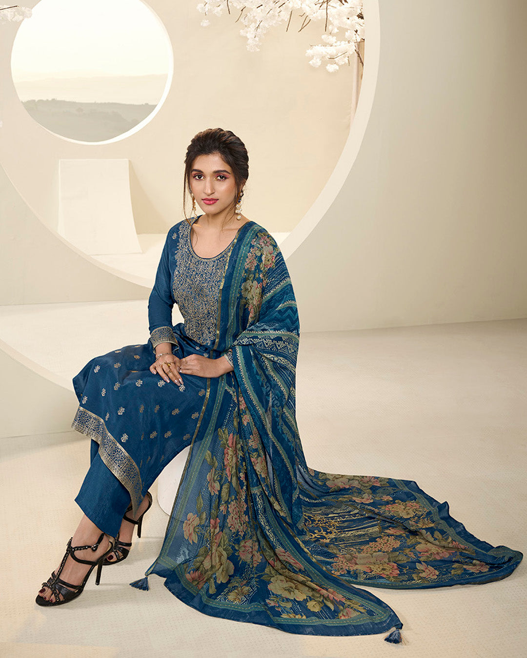 Royal Blue Muslin Jacquard Kurta. Paired with Santoon Straight pants and Muslin Jacquard Abstract Digital Print Dupatta